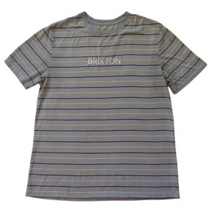 Brixton T Shirt Men Large Gray Yellow‎ Stripe Logo Short Sleeve Crew Neck Casual